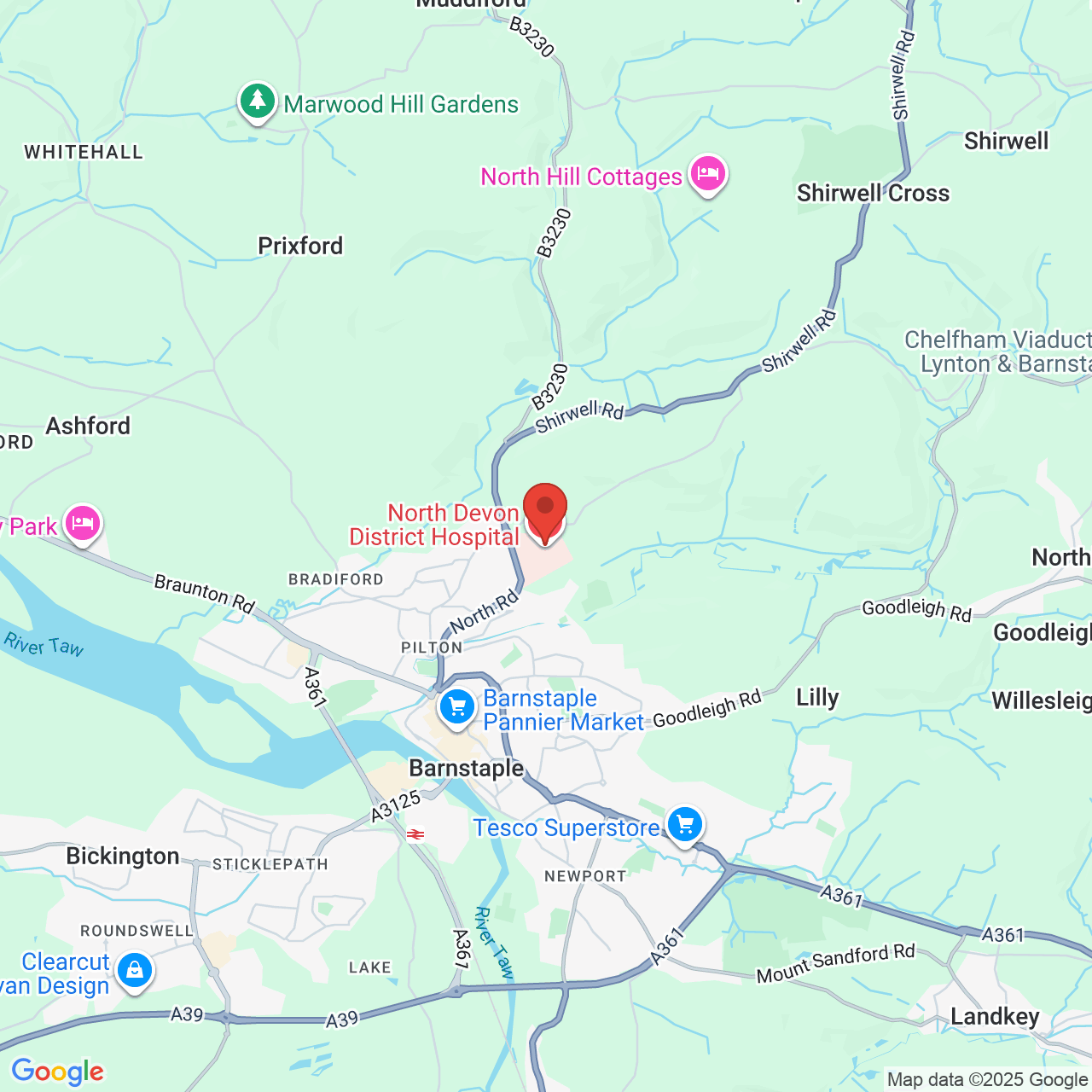 Map showing location of North Devon District Hospital, United Kingdom, EX31 4JB