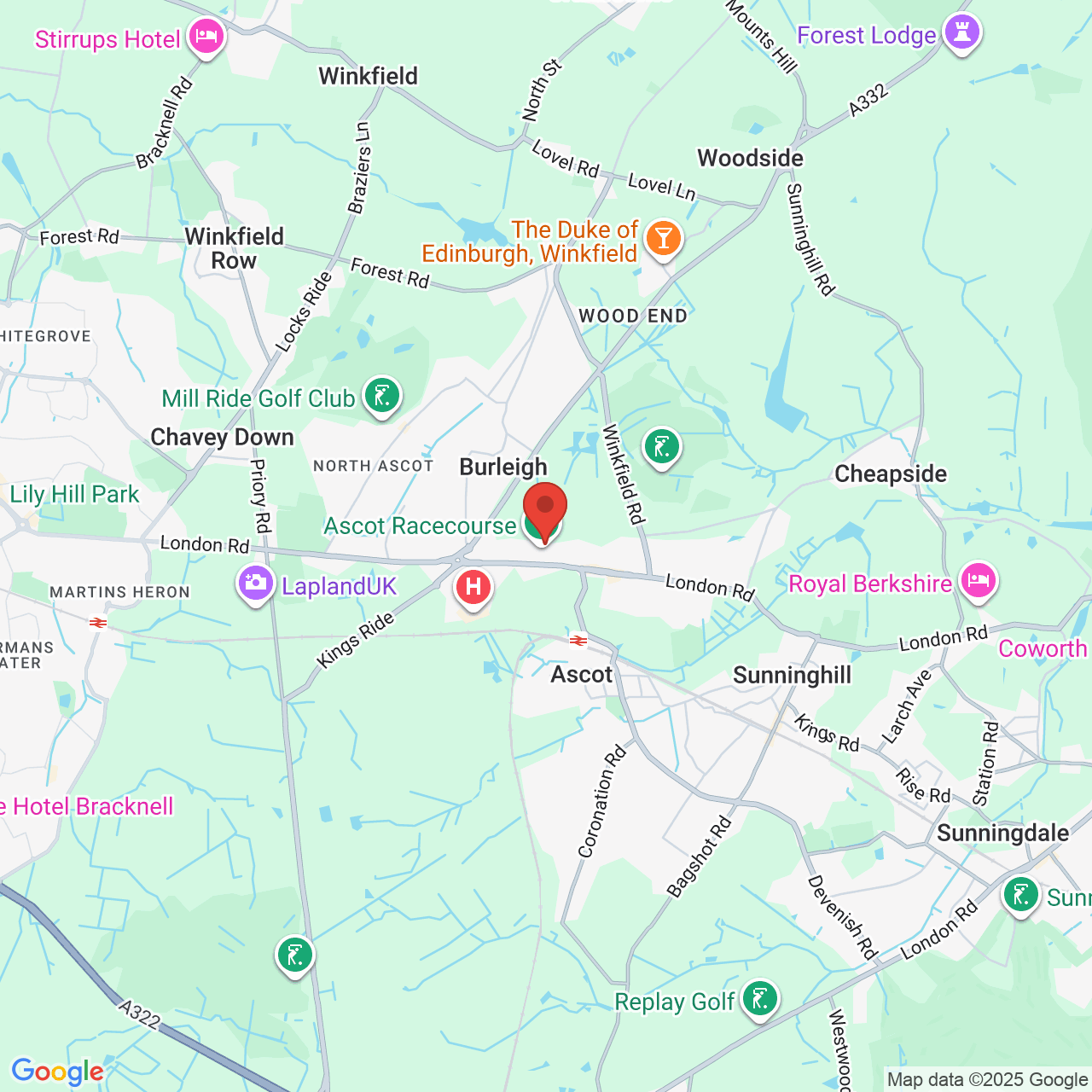 Map showing location of Ascot Racecourse, United Kingdom, SL5 7JX