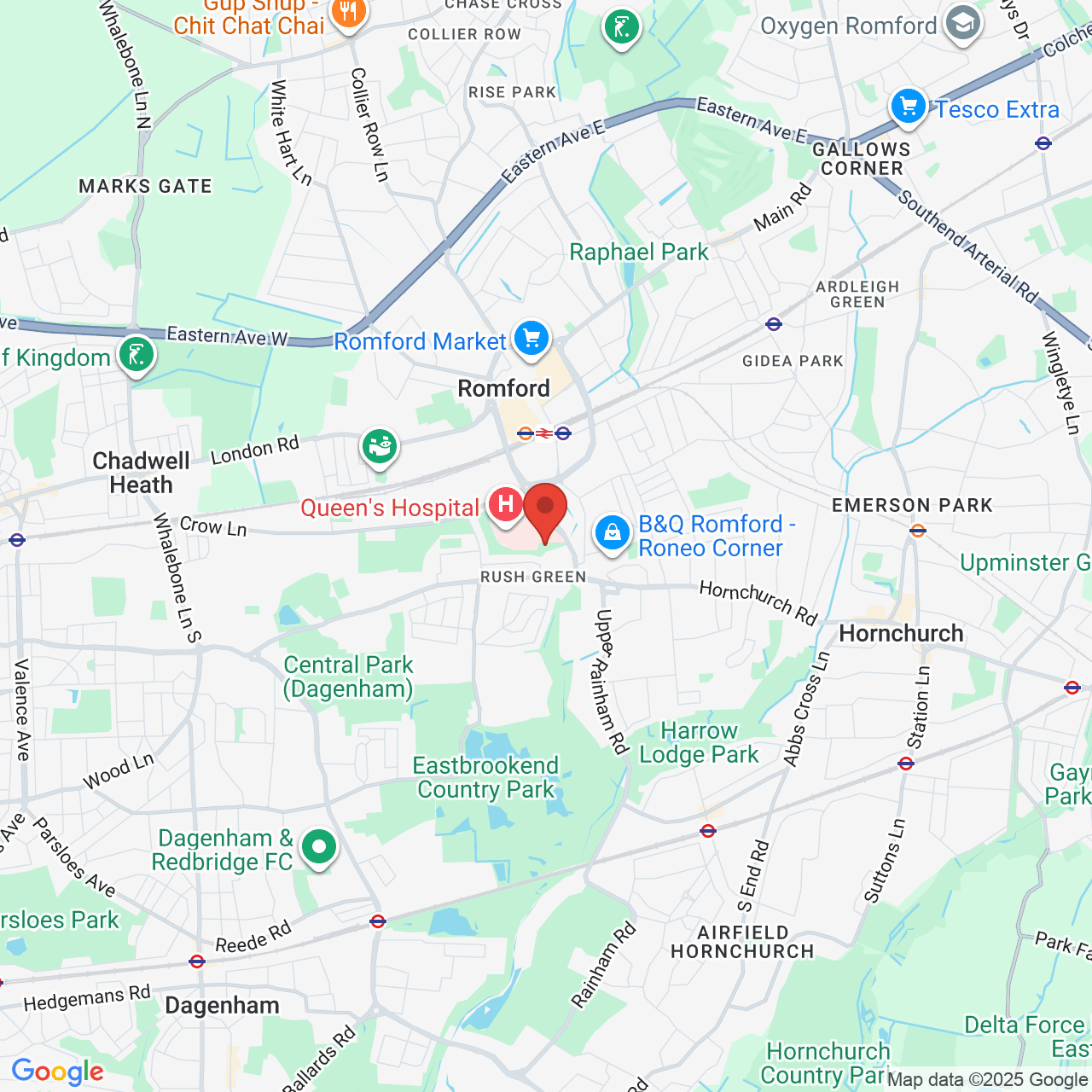 Map showing location of Queens Hospital Romford, United Kingdom, RM7