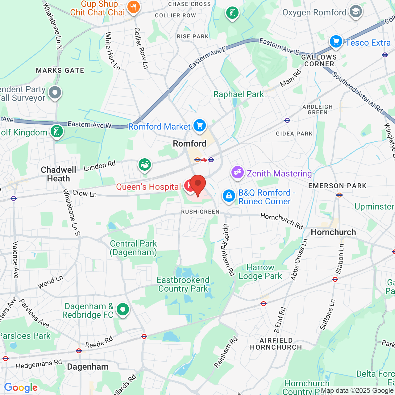 Map showing location of Queens Hospital, United Kingdom, RM7 0AG