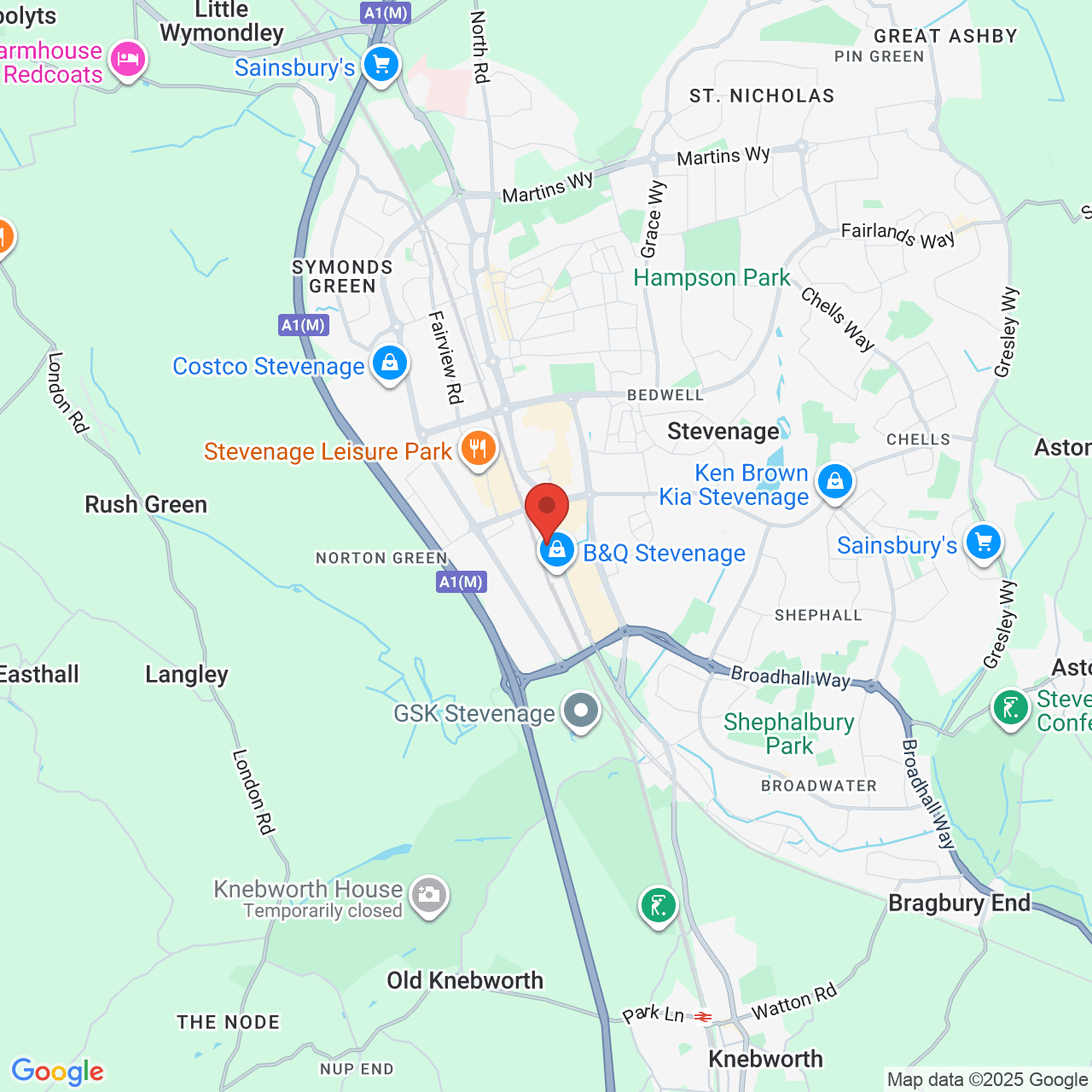 Map showing location of Stevenage, United Kingdom, SG1 2NY
