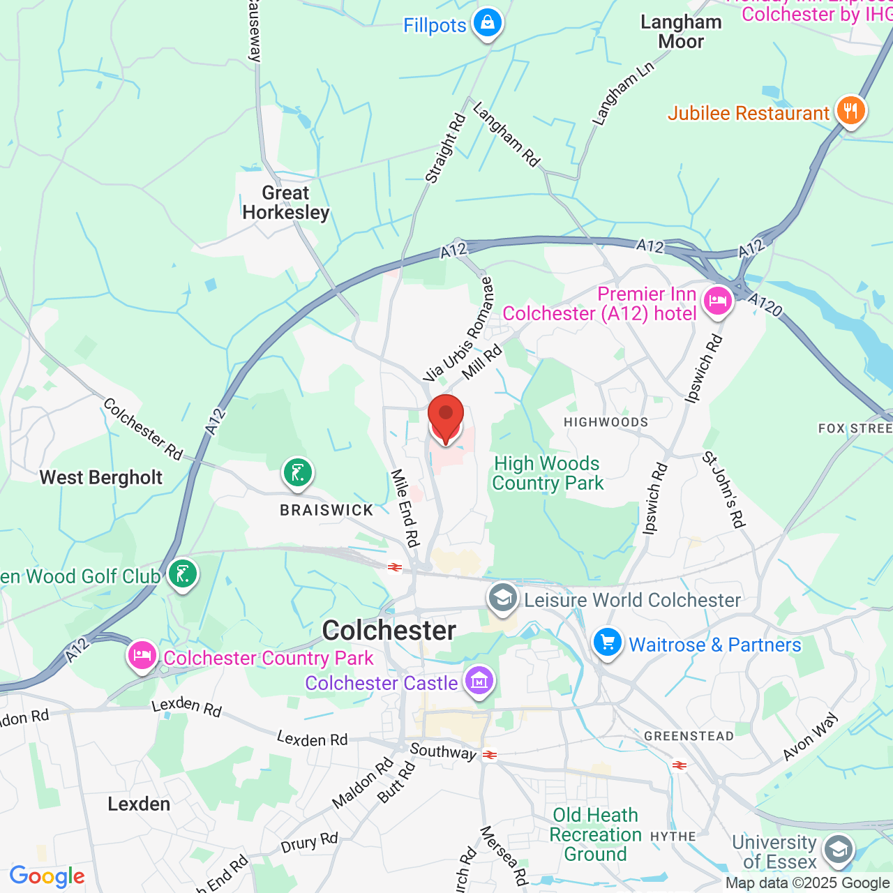 Map showing location of Colchester Hospital, United Kingdom, CO4 5JL