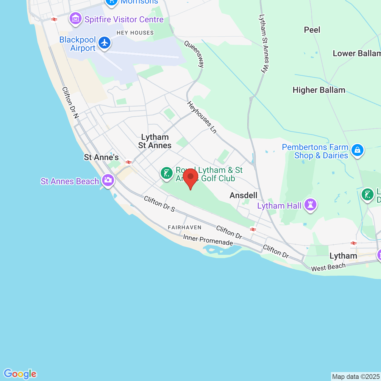 Map showing location of Royal Lytham and St Annes Golf Club, United Kingdom, FY8 3LQ