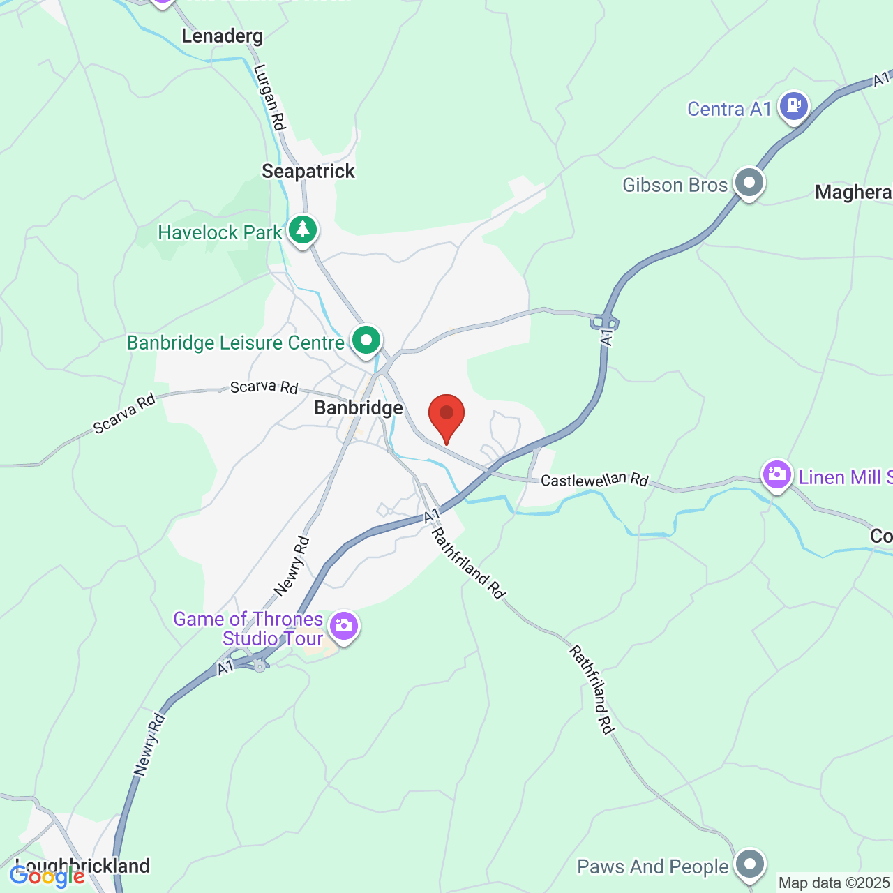 Map showing location of Banbridge, United Kingdom,  BT32 4AX