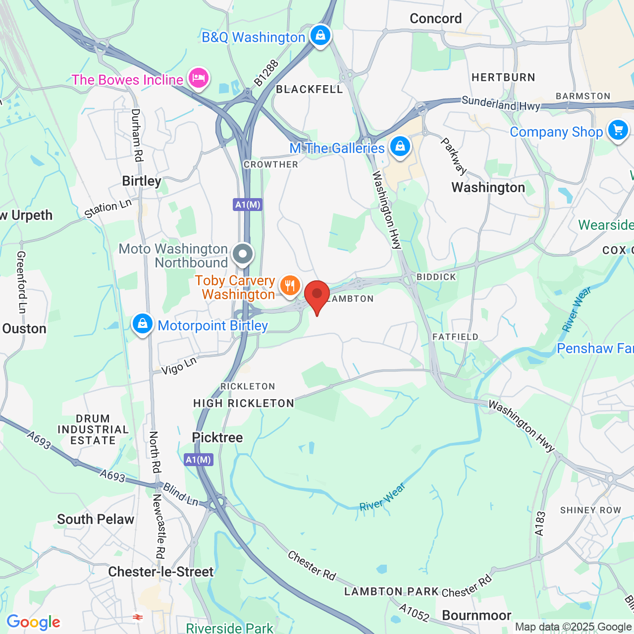 Map showing location of Washington, United Kingdom, NE37 1PA